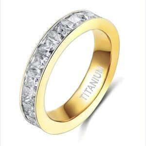 Channel Set Gold Titanium Band Ring w/clear CZ All Way Around Size 4 1/2 NWT